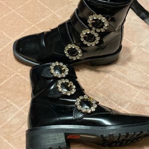 Nanette Lenore Black boots with diamond buckles